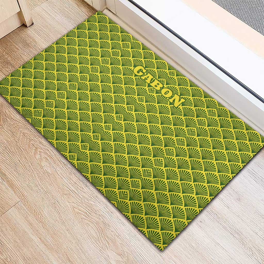 Gabon Tribal Pattern Rubber Doormat - National Flag Colors and Bold Text Design