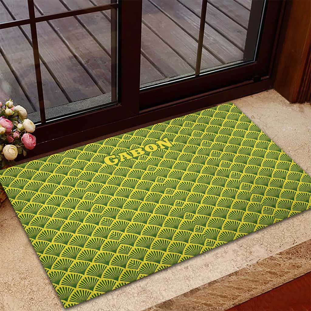 Gabon Tribal Pattern Rubber Doormat - National Flag Colors and Bold Text Design