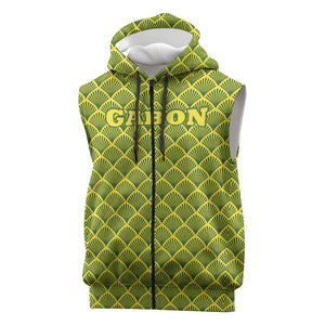 Gabon Tribal Pattern Sleeveless Zip Hoodie - National Flag Colors and Bold Text Design - African Pride