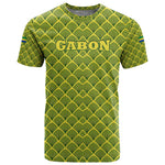 Gabon Tribal Pattern T shirt - National Flag Colors and Bold Text Design