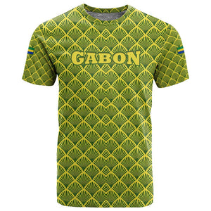 Gabon Tribal Pattern T shirt - National Flag Colors and Bold Text Design