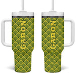 Gabon Tribal Pattern Tumbler With Handle - National Flag Colors and Bold Text Design