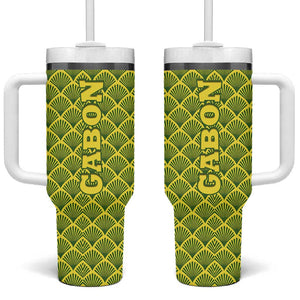 Gabon Tribal Pattern Tumbler With Handle - National Flag Colors and Bold Text Design