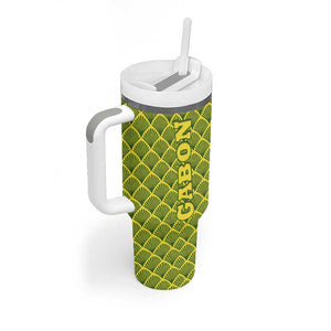 Gabon Tribal Pattern Tumbler With Handle - National Flag Colors and Bold Text Design