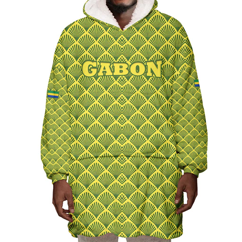 Gabon Tribal Pattern Wearable Blanket Hoodie - National Flag Colors and Bold Text Design
