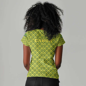 Gabon Tribal Pattern Women V-Neck T-Shirt - National Flag Colors and Bold Text Design