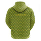 Gabon Tribal Pattern Zip Hoodie - National Flag Colors and Bold Text Design