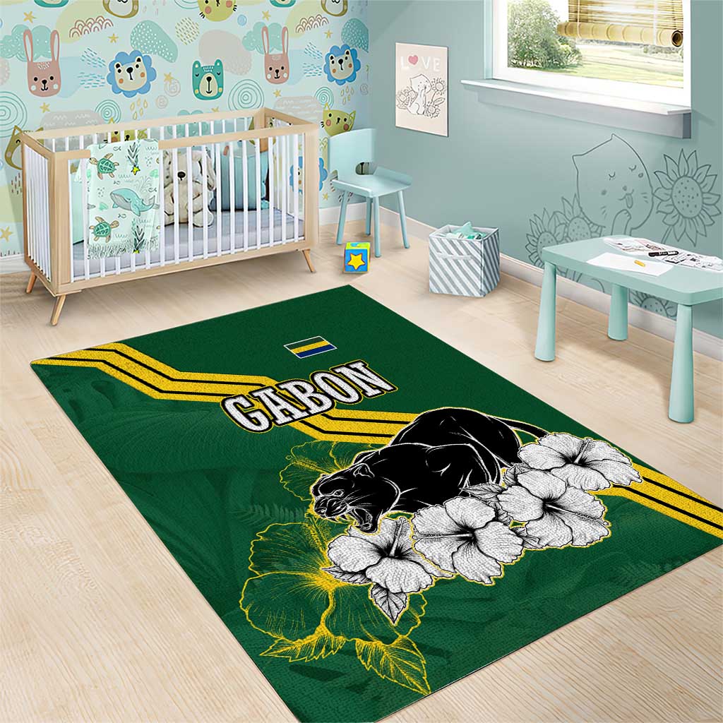 Gabon Area Rug - Black Panther Graphic and Hibiscus Flower Design in National Colors