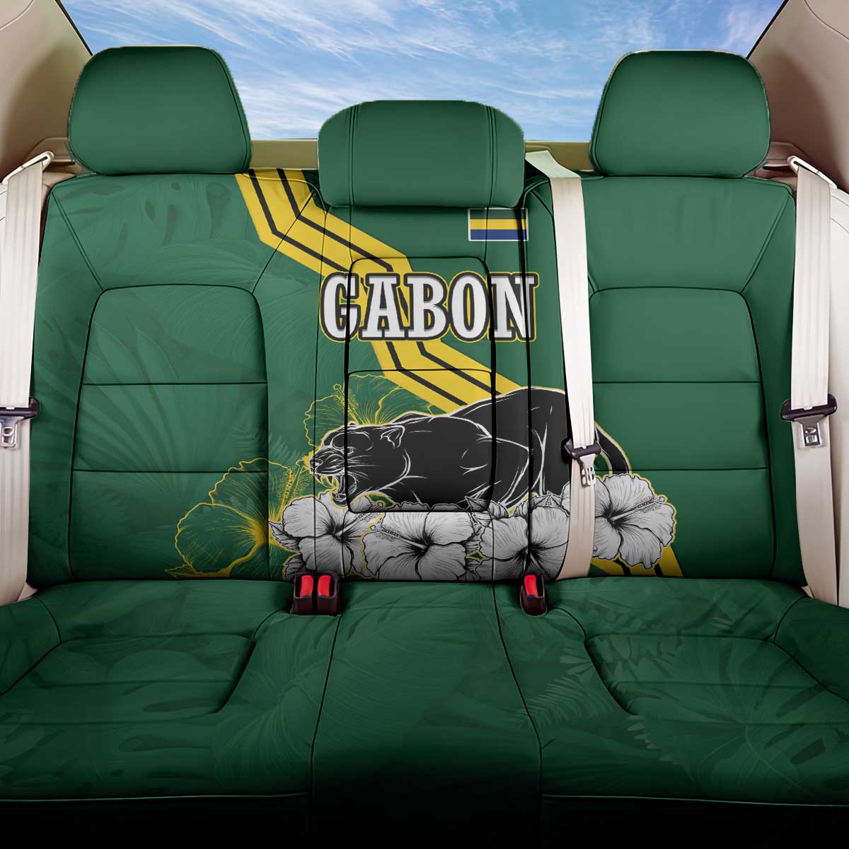 Gabon Back Car Seat Cover - Black Panther Graphic and Hibiscus Flower Design in National Colors