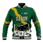 Gabon Baseball Jacket - Black Panther Graphic and Hibiscus Flower Design in National Colors
