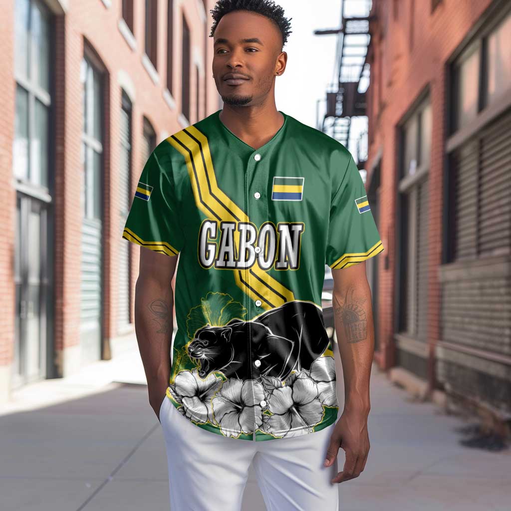 Gabon Baseball Jersey - Black Panther Graphic and Hibiscus Flower Design in National Colors
