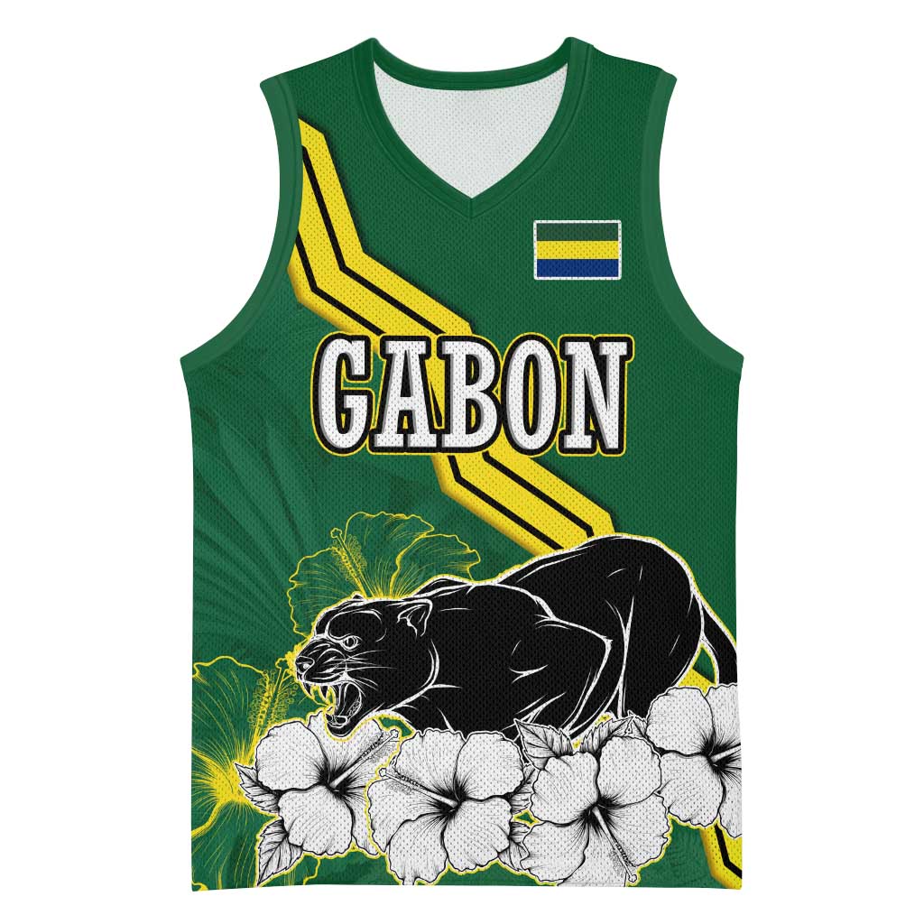 Gabon Basketball Jersey - Black Panther Graphic and Hibiscus Flower Design in National Colors TS04