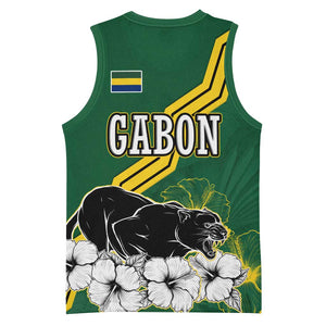 Gabon Basketball Jersey - Black Panther Graphic and Hibiscus Flower Design in National Colors TS04