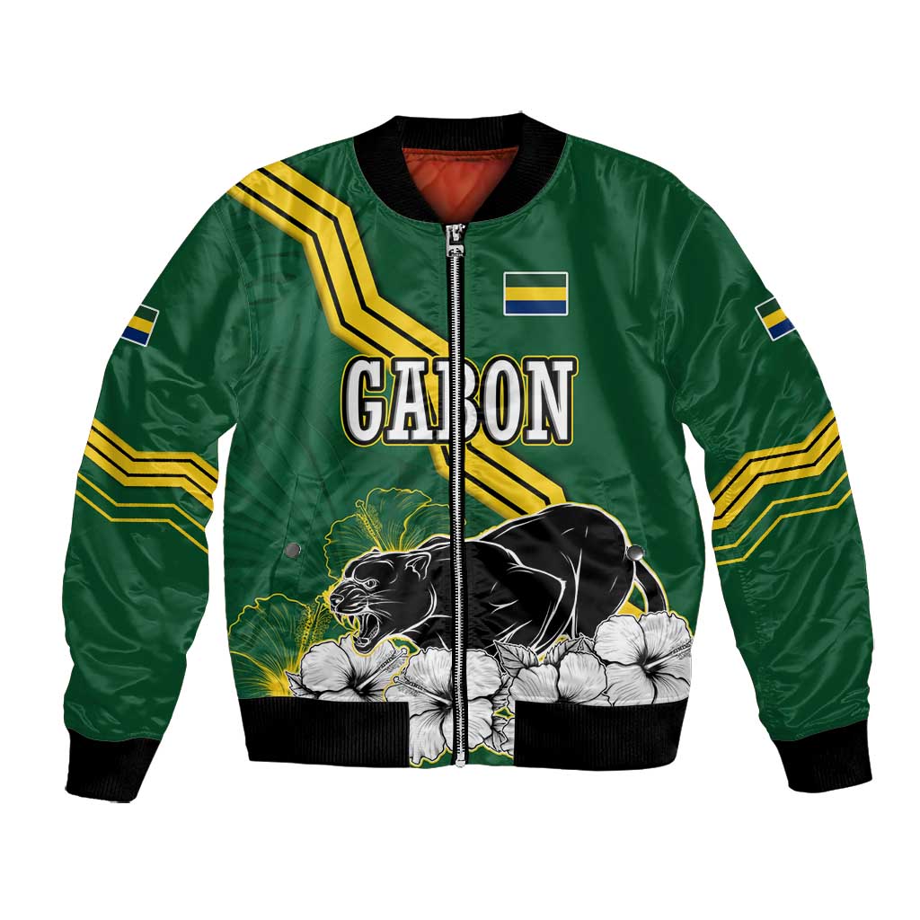 Gabon Bomber Jacket - Black Panther Graphic and Hibiscus Flower Design in National Colors