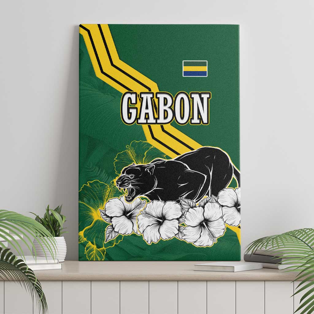 Gabon Canvas Wall Art - Black Panther Graphic and Hibiscus Flower Design in National Colors