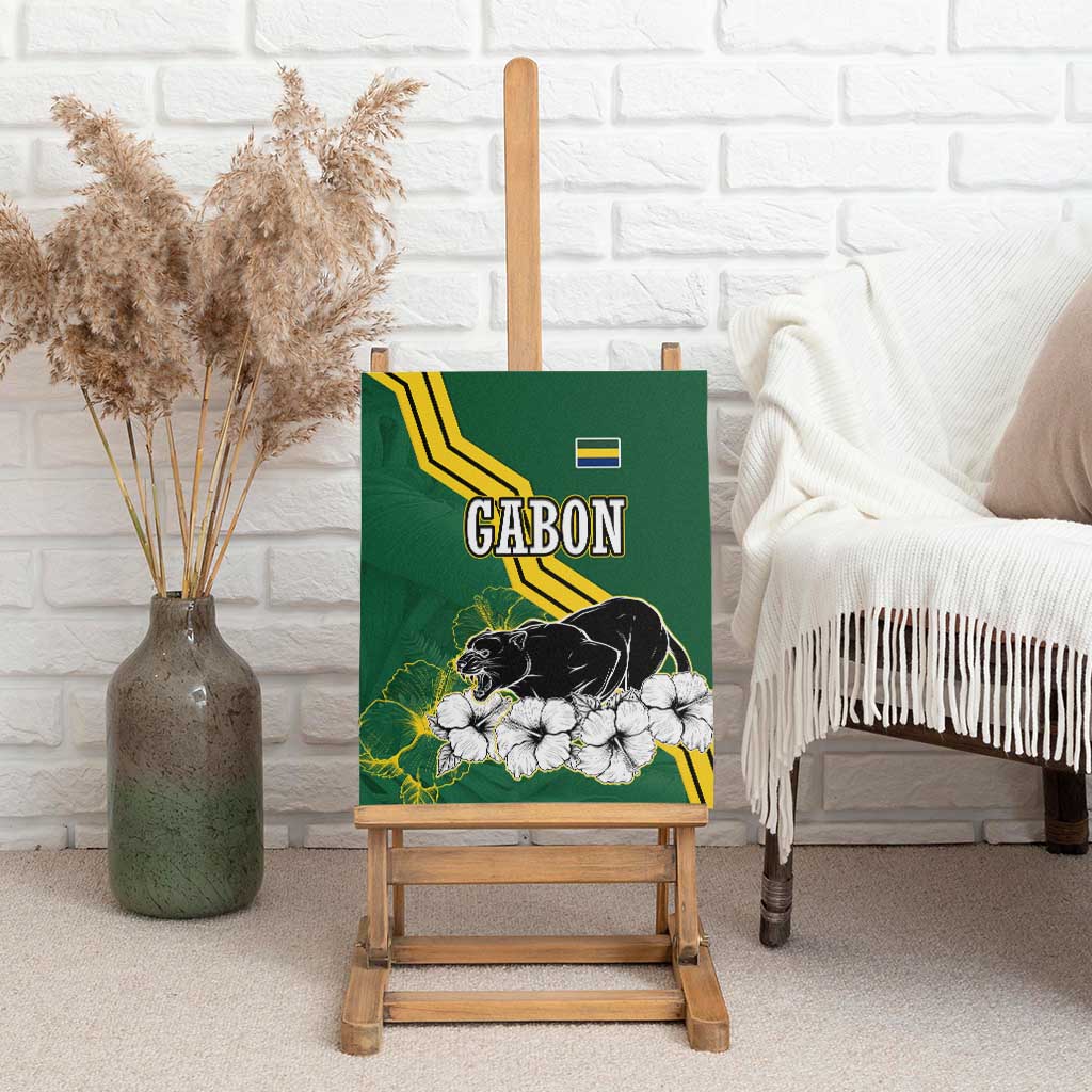 Gabon Canvas Wall Art - Black Panther Graphic and Hibiscus Flower Design in National Colors