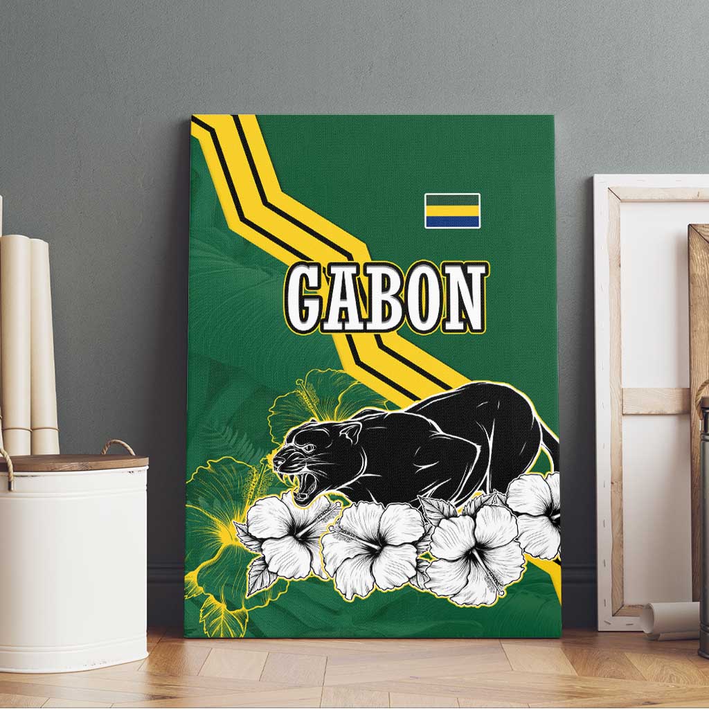 Gabon Canvas Wall Art - Black Panther Graphic and Hibiscus Flower Design in National Colors