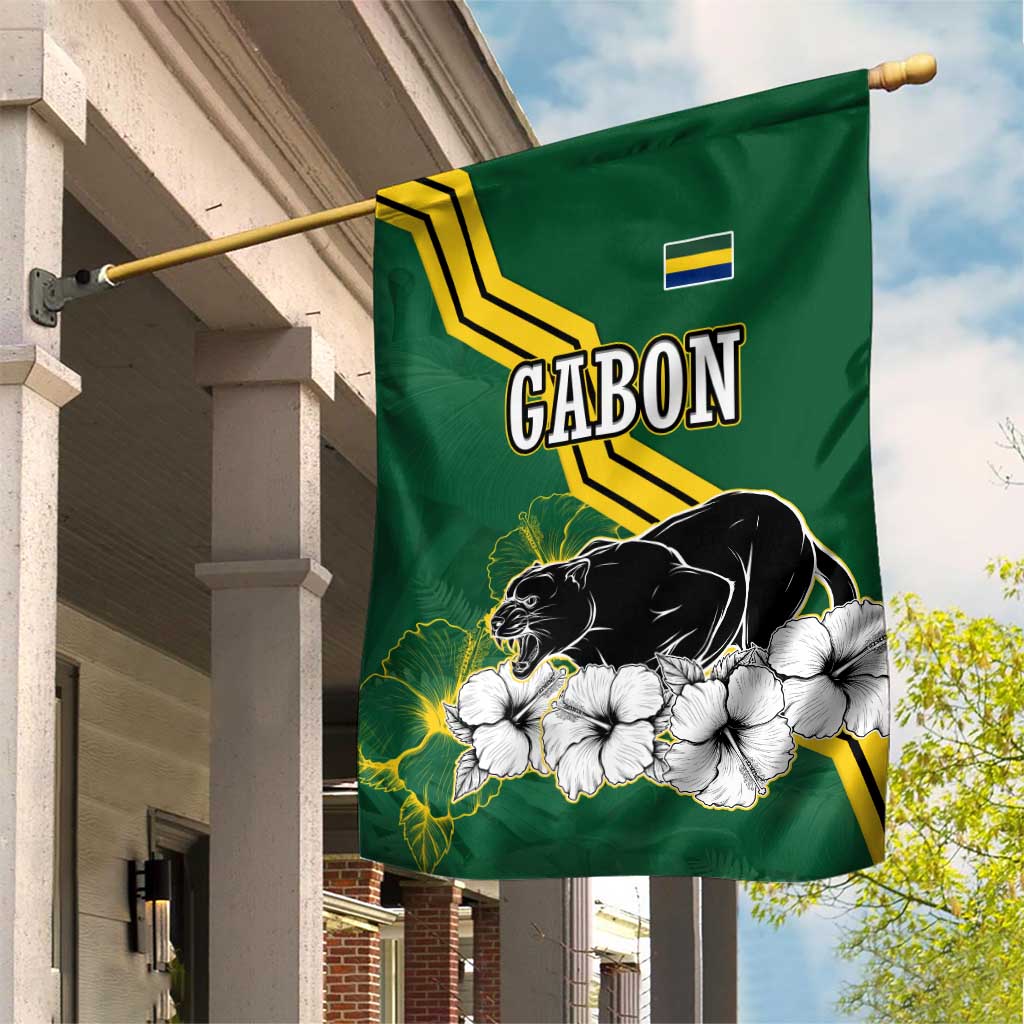 Gabon Garden Flag - Black Panther Graphic and Hibiscus Flower Design in National Colors