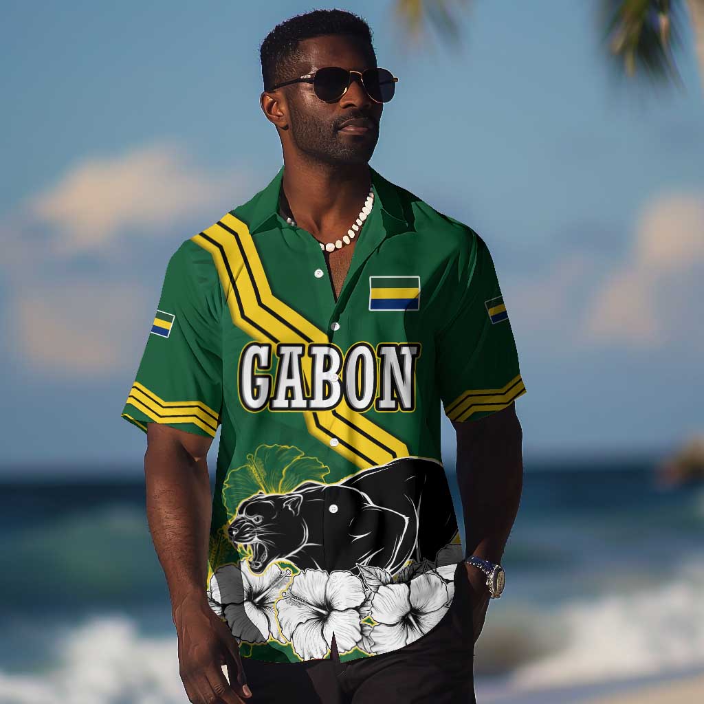 Gabon Hawaiian Shirt - Black Panther Graphic and Hibiscus Flower Design in National Colors