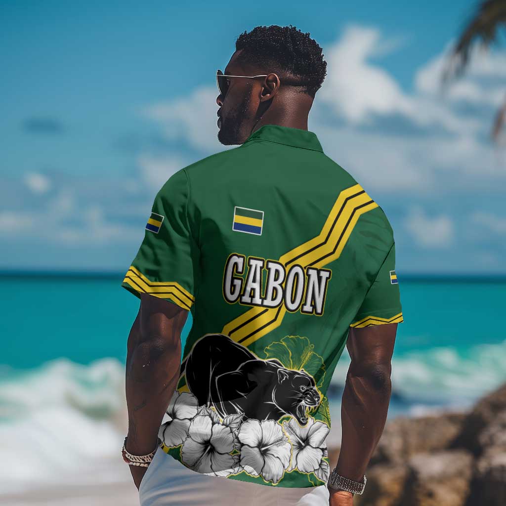 Gabon Hawaiian Shirt - Black Panther Graphic and Hibiscus Flower Design in National Colors