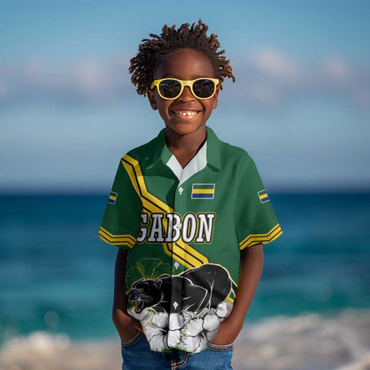 Gabon Kid Hawaiian Shirt - Black Panther Graphic and Hibiscus Flower Design in National Colors