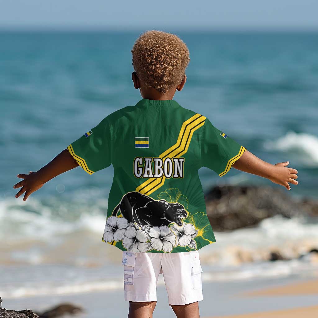 Gabon Kid Hawaiian Shirt - Black Panther Graphic and Hibiscus Flower Design in National Colors