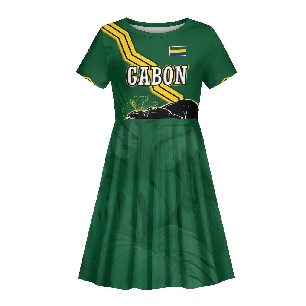 Gabon Kid Short Sleeve Dress - Black Panther Graphic and Hibiscus Flower Design in National Colors