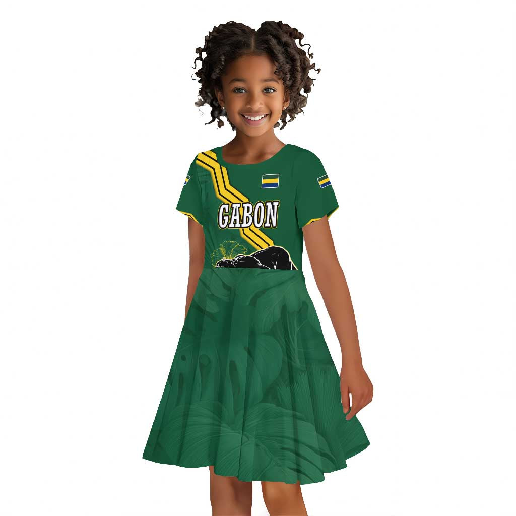 Gabon Kid Short Sleeve Dress - Black Panther Graphic and Hibiscus Flower Design in National Colors