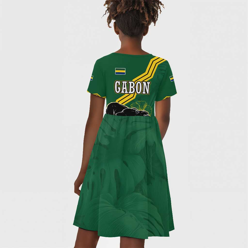 Gabon Kid Short Sleeve Dress - Black Panther Graphic and Hibiscus Flower Design in National Colors
