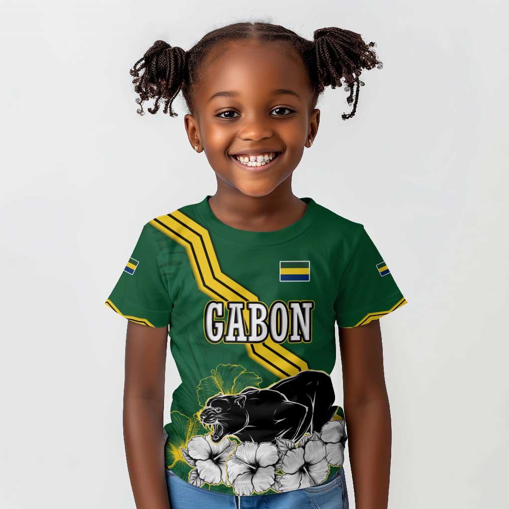 Gabon Kid T shirt - Black Panther Graphic and Hibiscus Flower Design in National Colors