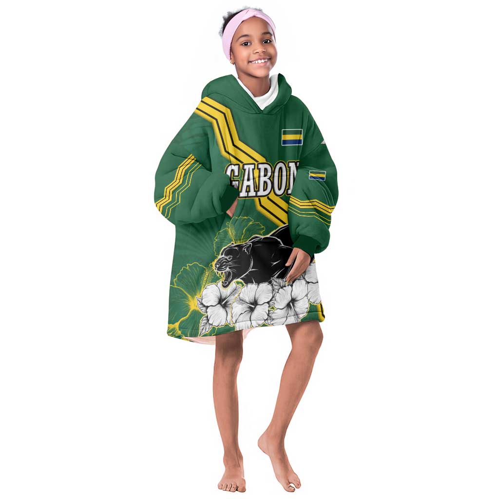 Gabon Kid Wearable Blanket Hoodie - Black Panther Graphic and Hibiscus Flower Design in National Colors