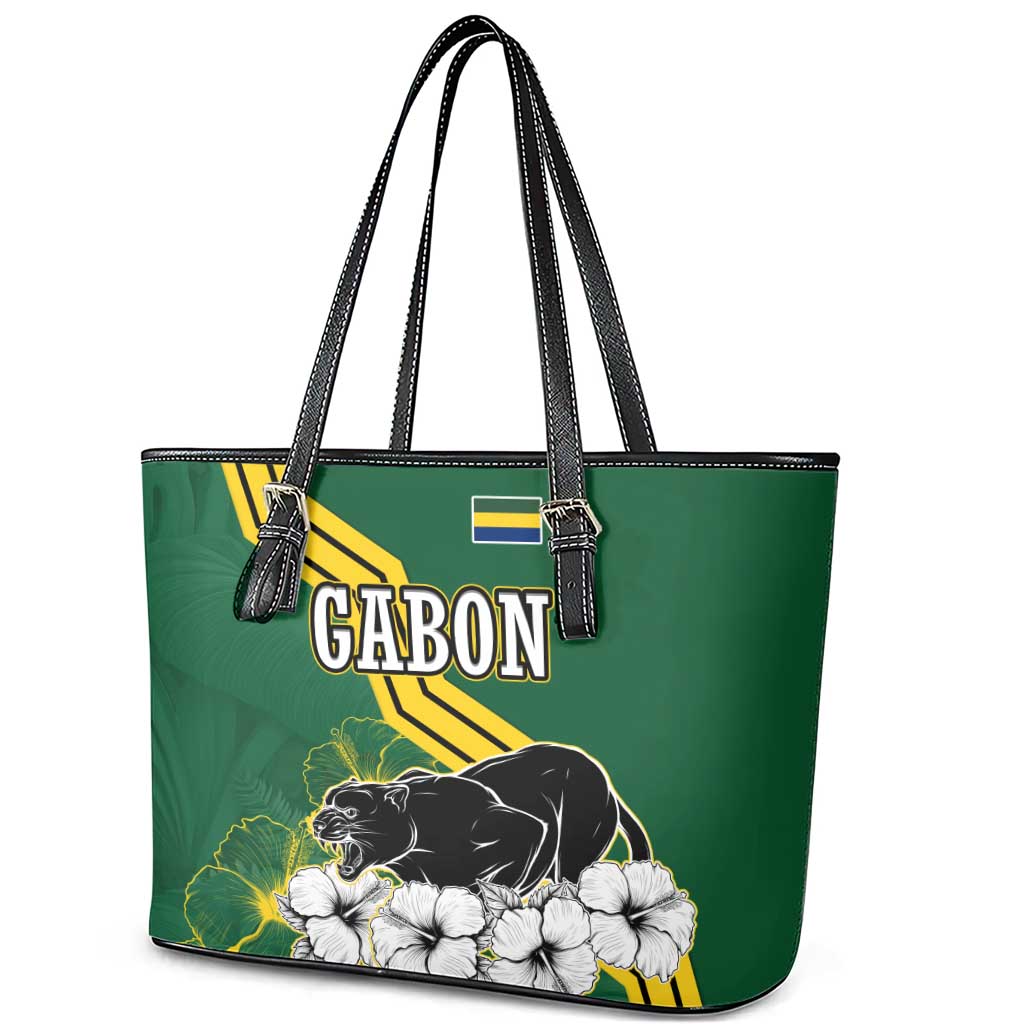 Gabon Leather Tote Bag - Black Panther Graphic and Hibiscus Flower Design in National Colors