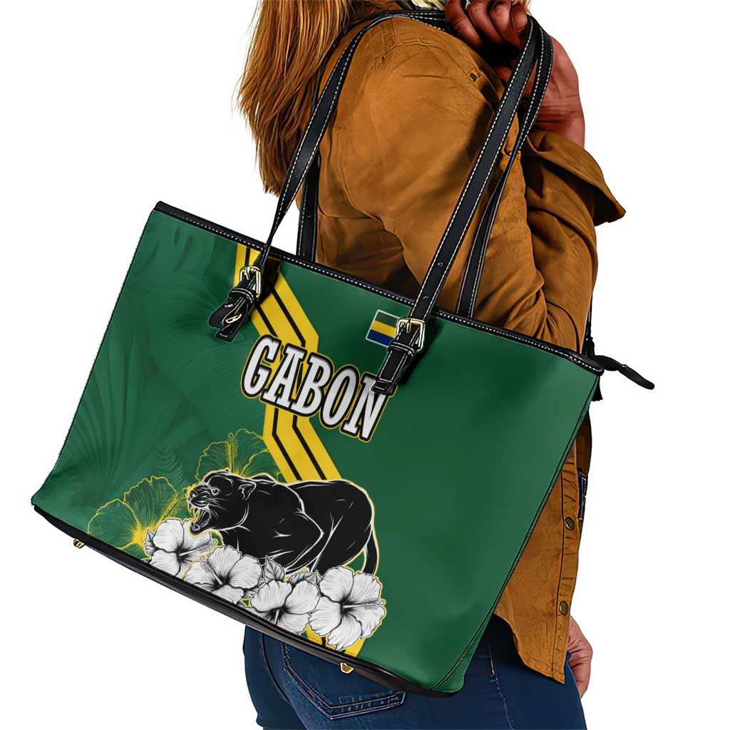 Gabon Leather Tote Bag - Black Panther Graphic and Hibiscus Flower Design in National Colors
