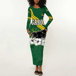 Gabon Long Sleeve Bodycon Dress - Black Panther Graphic and Hibiscus Flower Design in National Colors
