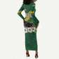 Gabon Long Sleeve Bodycon Dress - Black Panther Graphic and Hibiscus Flower Design in National Colors