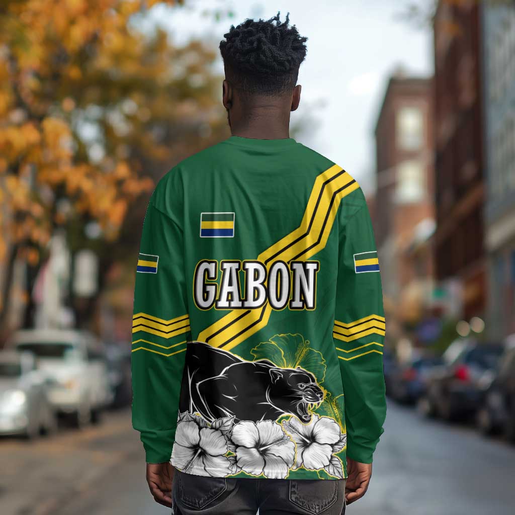 Gabon Long Sleeve Shirt - Black Panther Graphic and Hibiscus Flower Design in National Colors
