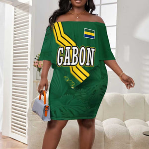 Gabon Off Shoulder Short Dress - Black Panther Graphic and Hibiscus Flower Design in National Colors
