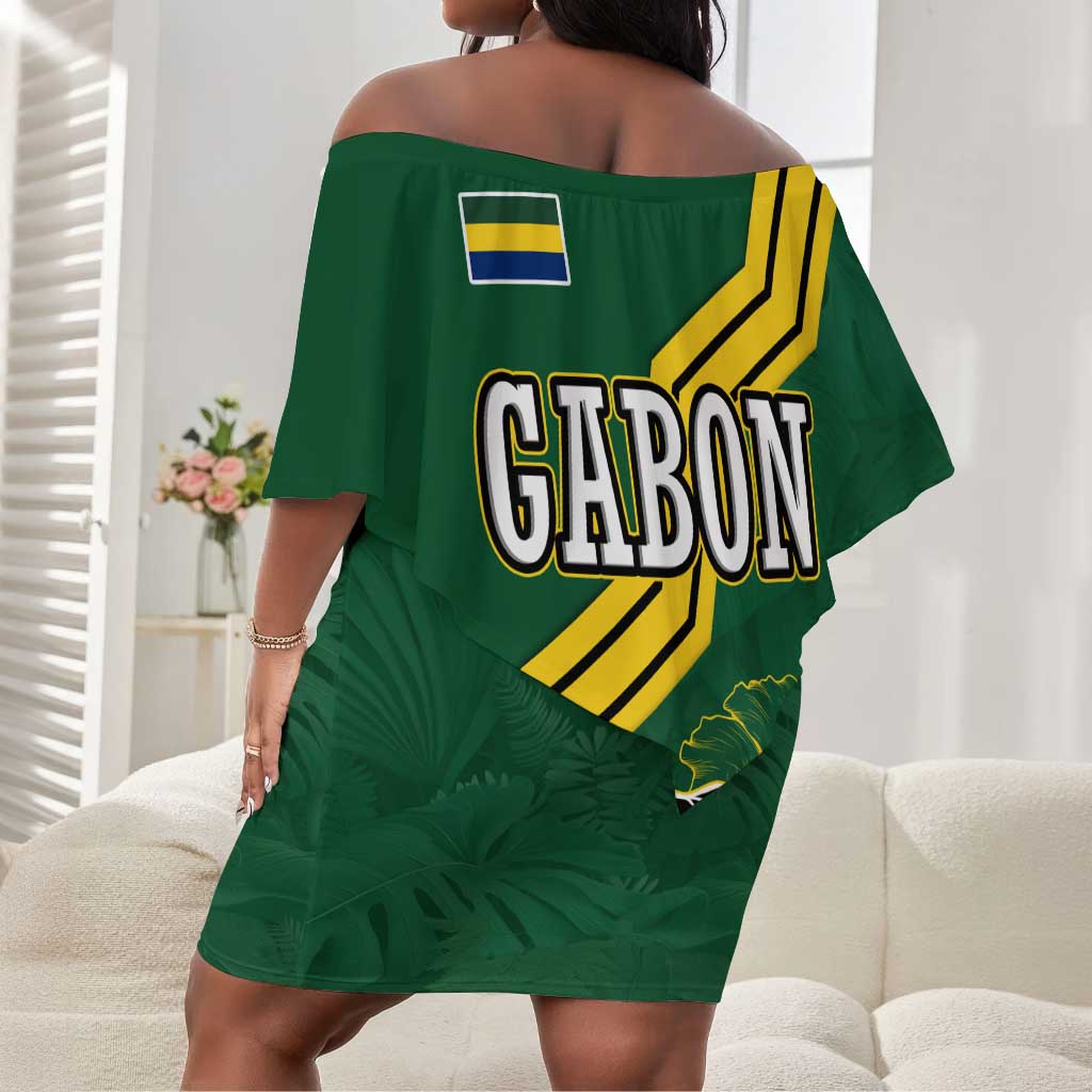 Gabon Off Shoulder Short Dress - Black Panther Graphic and Hibiscus Flower Design in National Colors