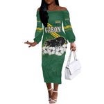 Gabon Off The Shoulder Long Sleeve Dress - Black Panther Graphic and Hibiscus Flower Design in National Colors