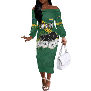Gabon Off The Shoulder Long Sleeve Dress - Black Panther Graphic and Hibiscus Flower Design in National Colors