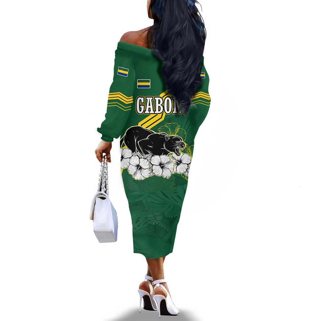 Gabon Off The Shoulder Long Sleeve Dress - Black Panther Graphic and Hibiscus Flower Design in National Colors