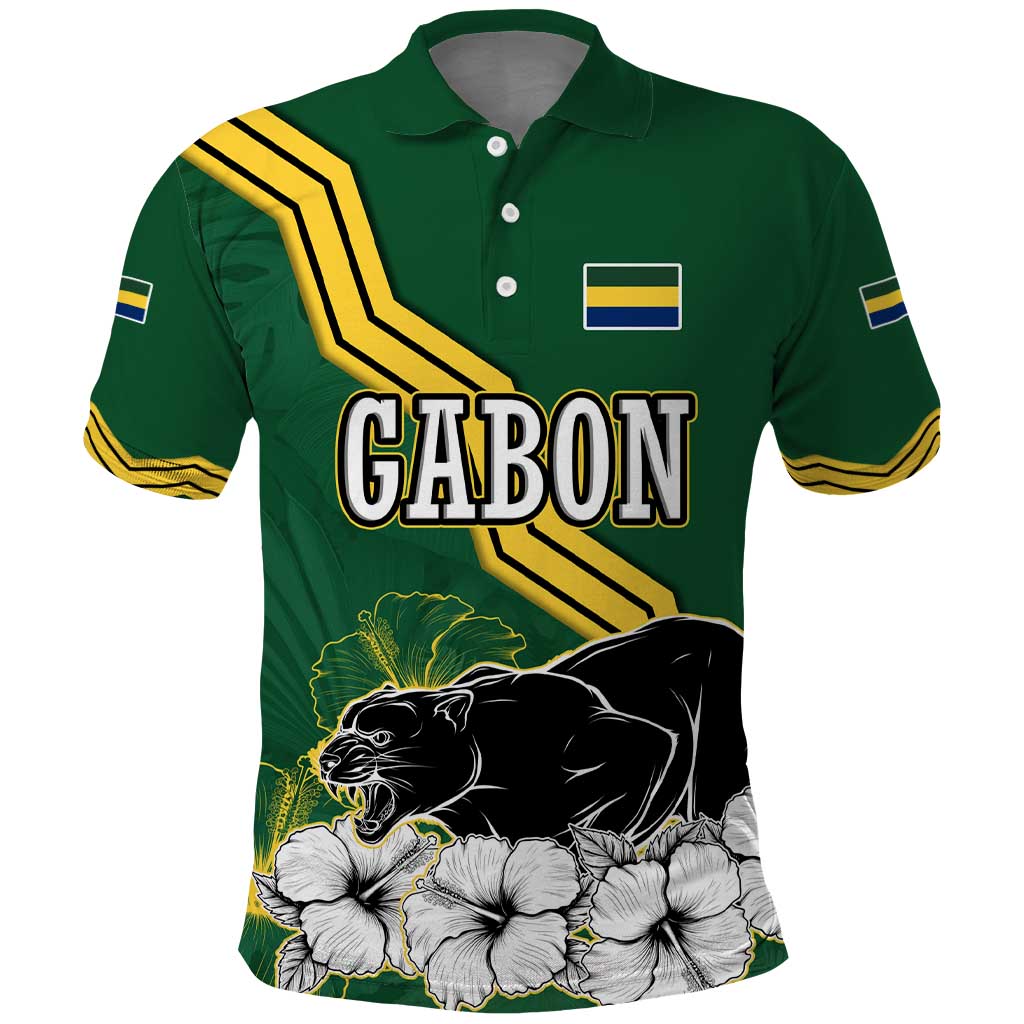 Gabon Polo Shirt - Black Panther Graphic and Hibiscus Flower Design in National Colors