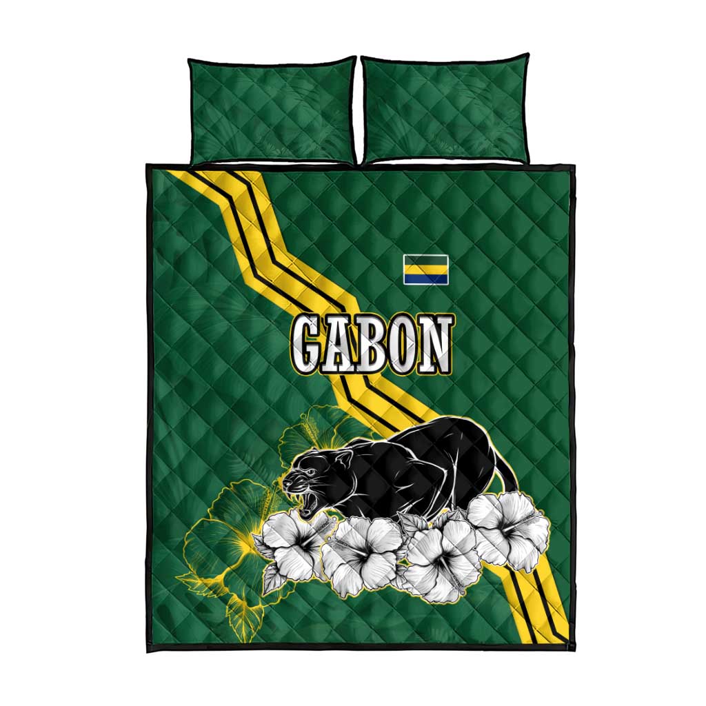 Gabon Quilt Bed Set - Black Panther Graphic and Hibiscus Flower Design in National Colors