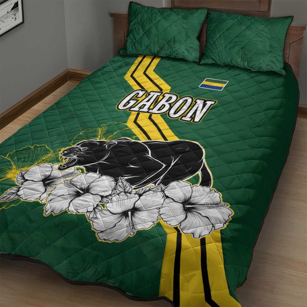 Gabon Quilt Bed Set - Black Panther Graphic and Hibiscus Flower Design in National Colors
