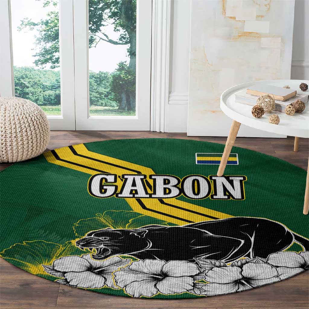 Gabon Round Carpet - Black Panther Graphic and Hibiscus Flower Design in National Colors