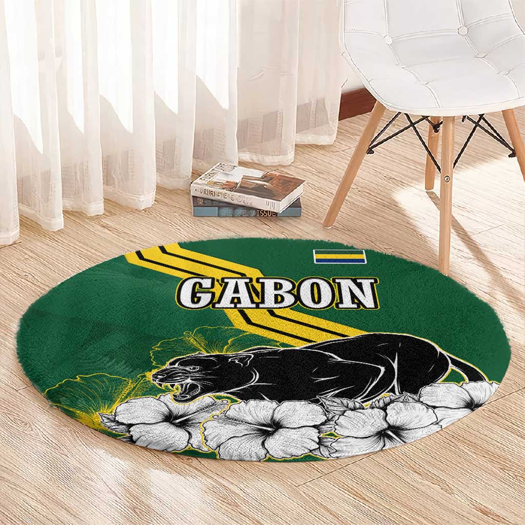 Gabon Round Carpet - Black Panther Graphic and Hibiscus Flower Design in National Colors