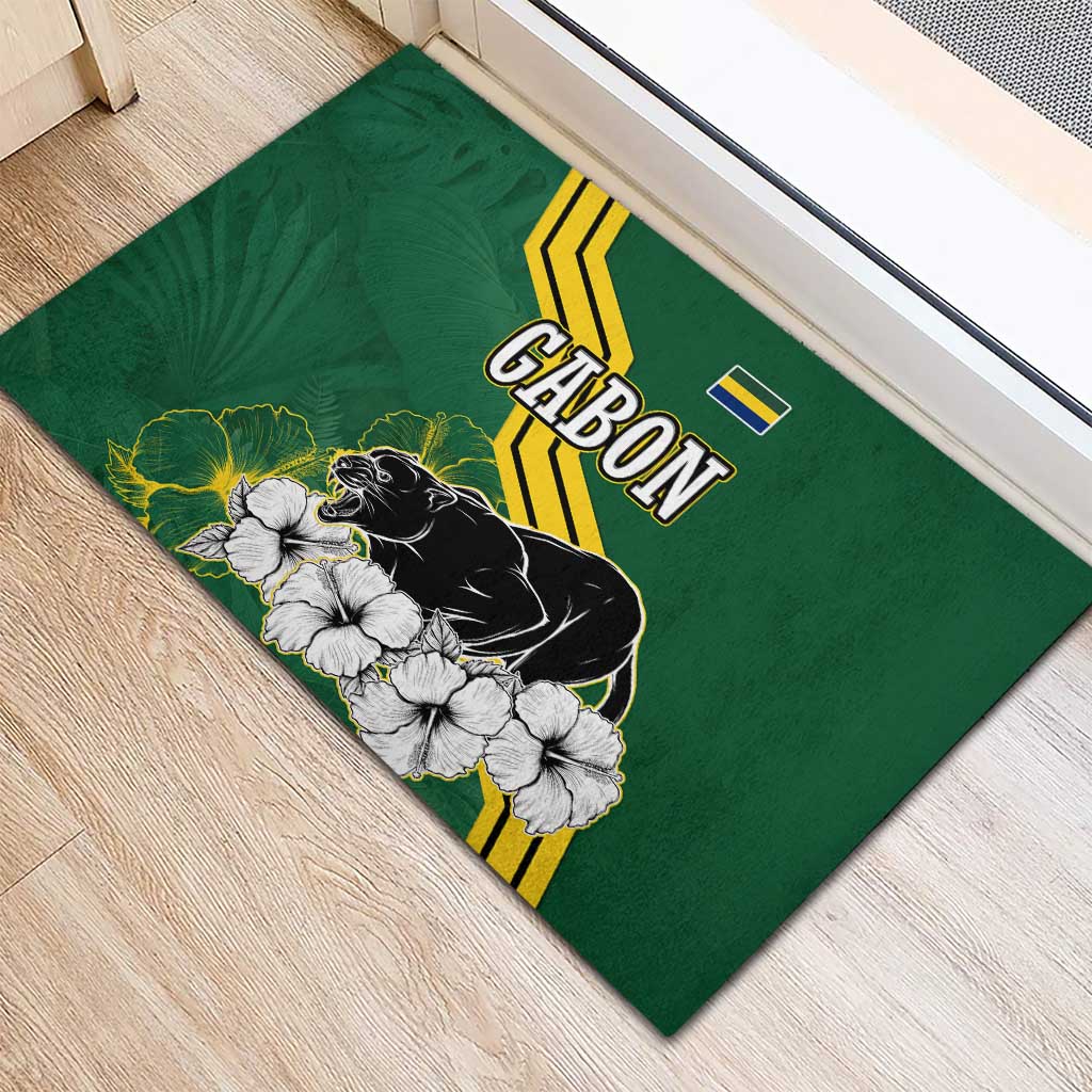 Gabon Rubber Doormat - Black Panther Graphic and Hibiscus Flower Design in National Colors