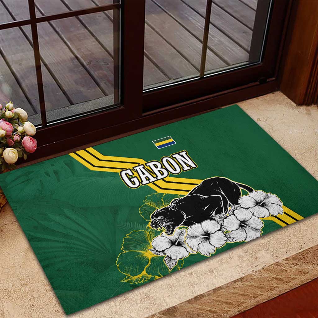 Gabon Rubber Doormat - Black Panther Graphic and Hibiscus Flower Design in National Colors