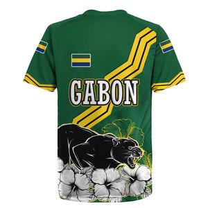 Gabon Rugby Jersey - Black Panther Graphic and Hibiscus Flower Design in National Colors