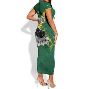 Gabon Short Sleeve Bodycon Dress - Black Panther Graphic and Hibiscus Flower Design in National Colors